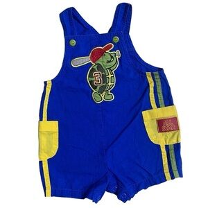 VTG Baby Okie Dokie Blue Embroidered Turtle Short Overalls Sz 6/9 Months Cotton